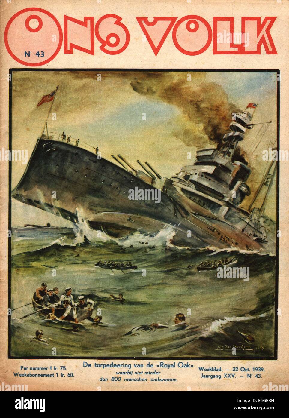 1939 Ons Volk (Netherlands) front page reporting Sinking of HMS Royal Oak at Scapa Flow in the Orkney Islands Stock Photo