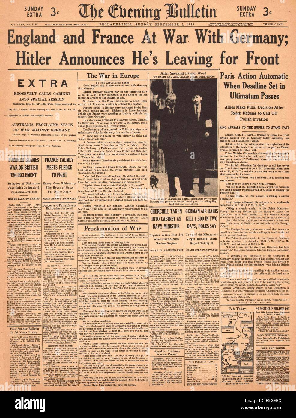 1939 The Evening Bulletin (Philadelphia, USA) front page reporting Britain and France declare war on Germany Stock Photo