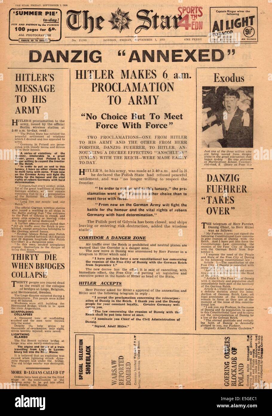 1939 The Star front page reporting Danzig annexed after Germany invades Poland Stock Photo