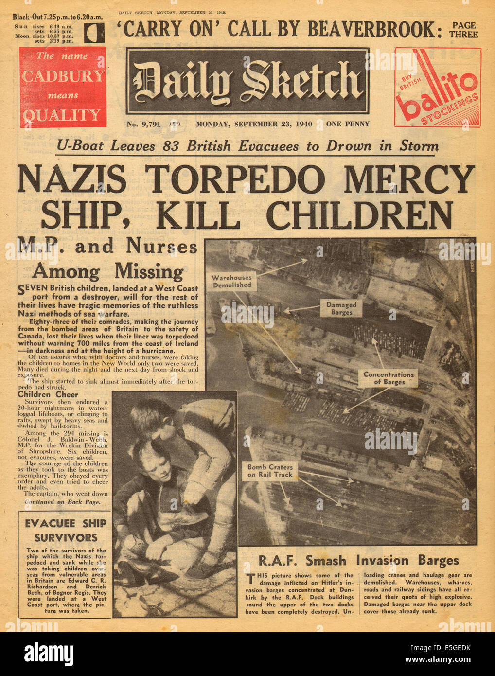 1940 Daily Sketch front page reporting Sinking of evacuee