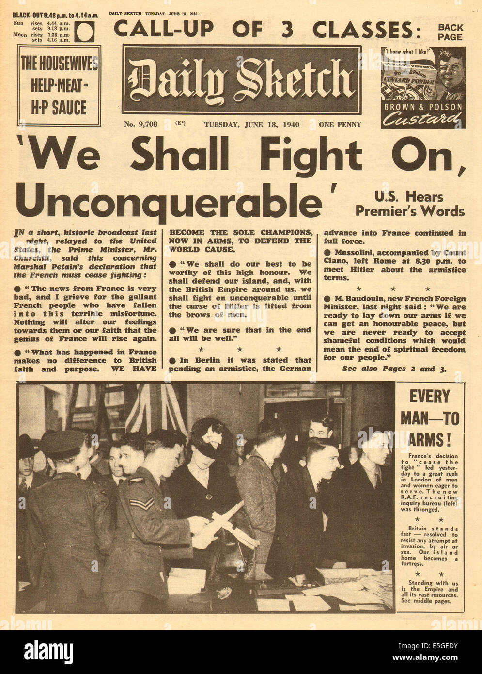 1940 Daily Sketch front page reporting Winston Churchill's speech 'We Shall Fight On Unconquerable' during the Battle of Britain Stock Photo