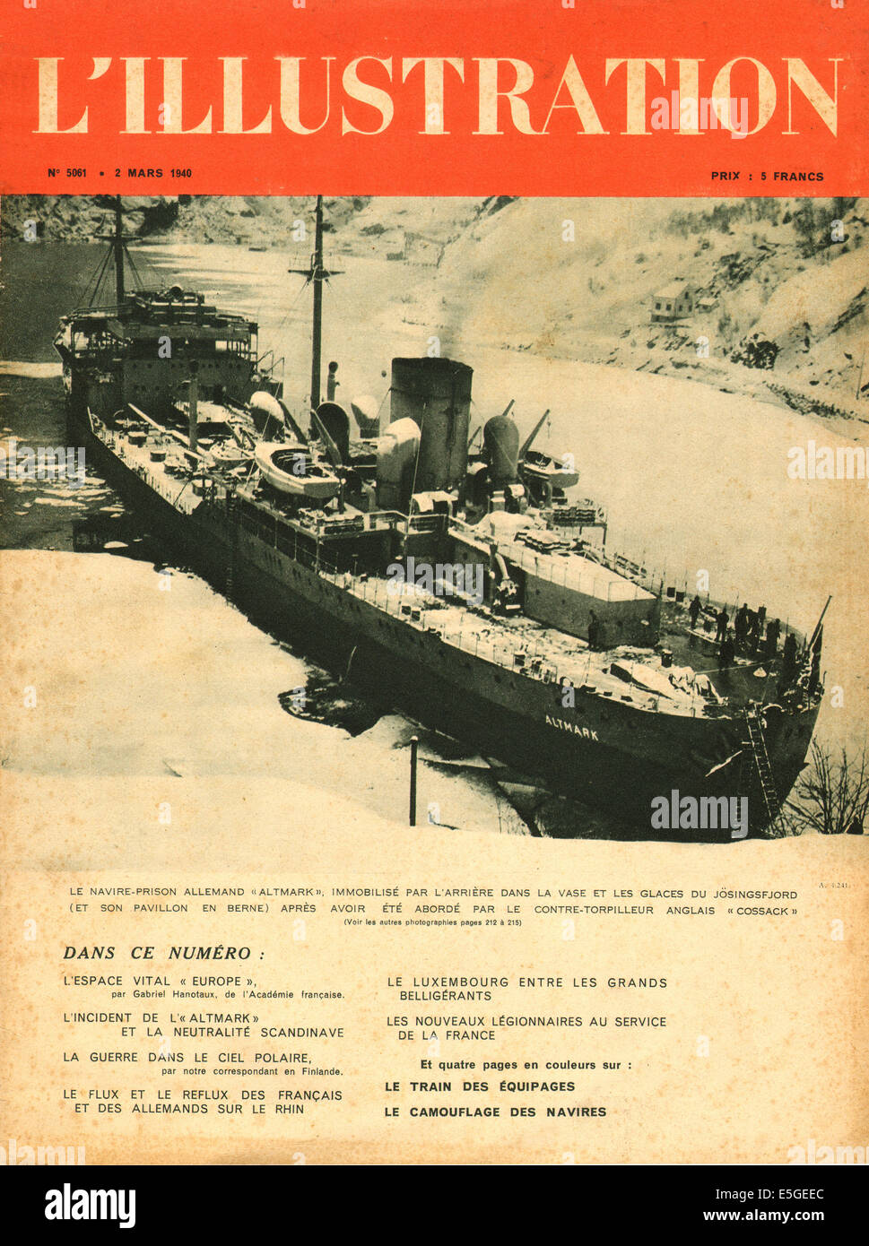 1940 L'Illustration front page showing German prison ship Altmark Stock Photo