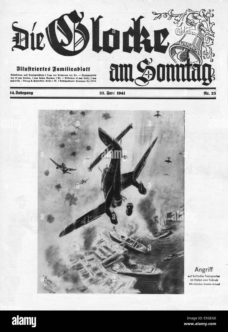 1941 Die Glocke am Sonntag front page showing illustration of a Luftwaffe attack on Tobruk in North Africa Stock Photo