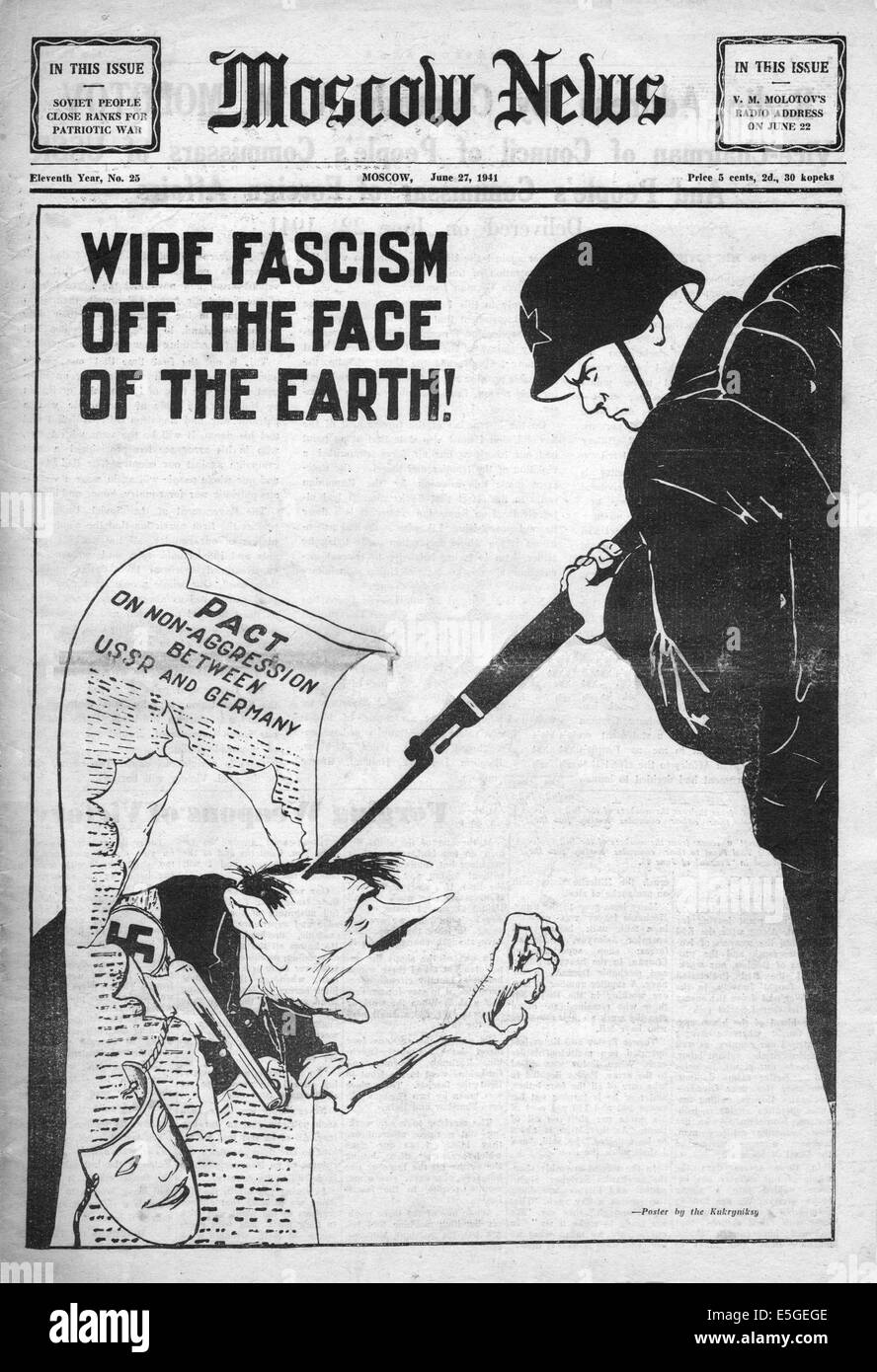 1941 Moscow News page Wipe Fascism Off The Face Of The Earth Stock Photo