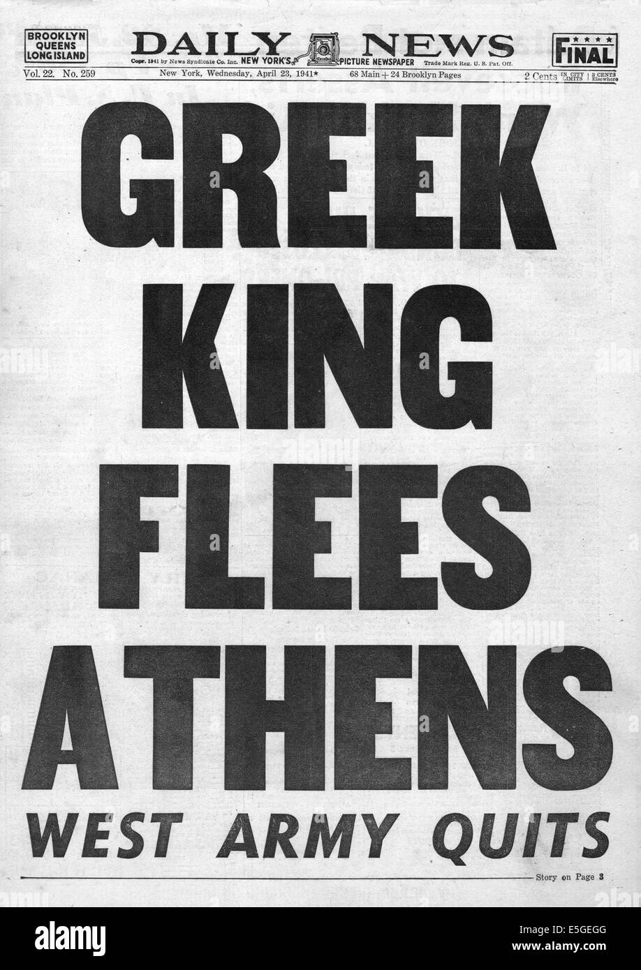 1941 New York Daily News front page reporting Greek King George II leaves Greece after German invasion Stock Photo