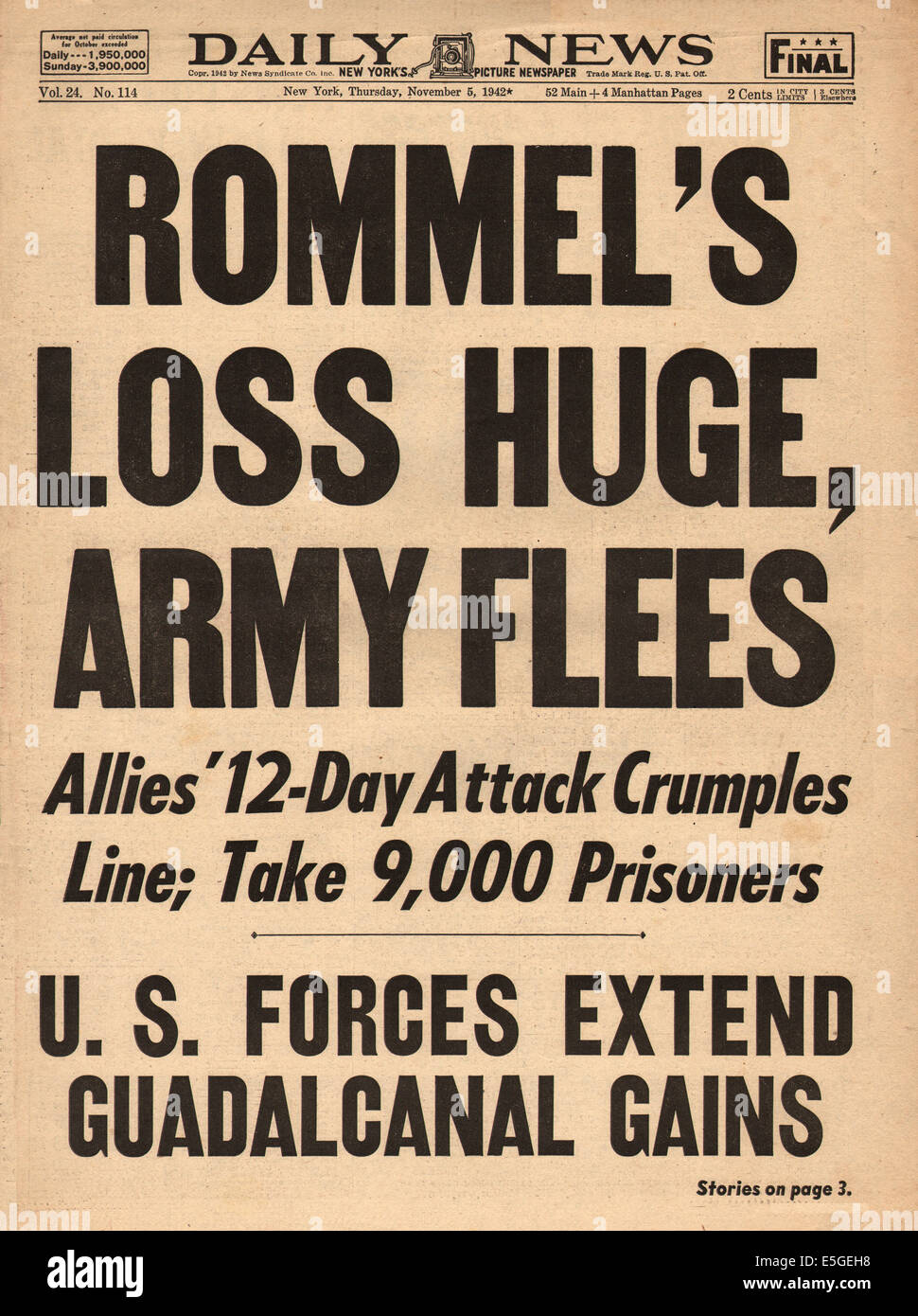 1942 Daily News (New York) front page reporting Field Marshall Erwin Rommel and German Army retreating in North Africa Stock Photo