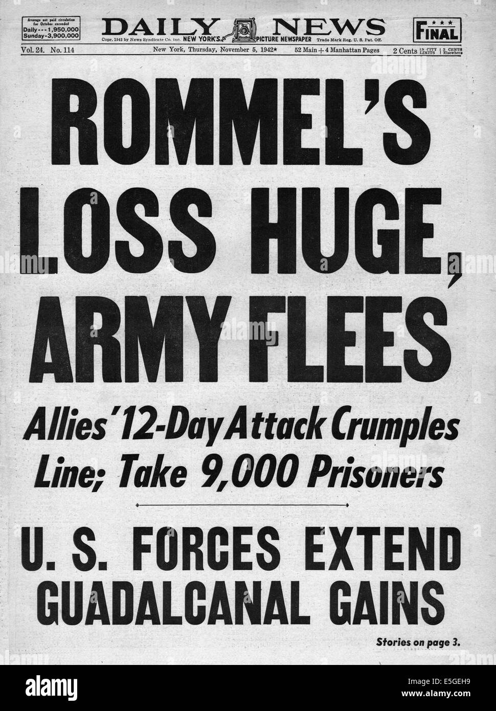 1942 Daily News (New York) front page reporting Field Marshall Erwin Rommel and German Army retreat in North Africa Stock Photo