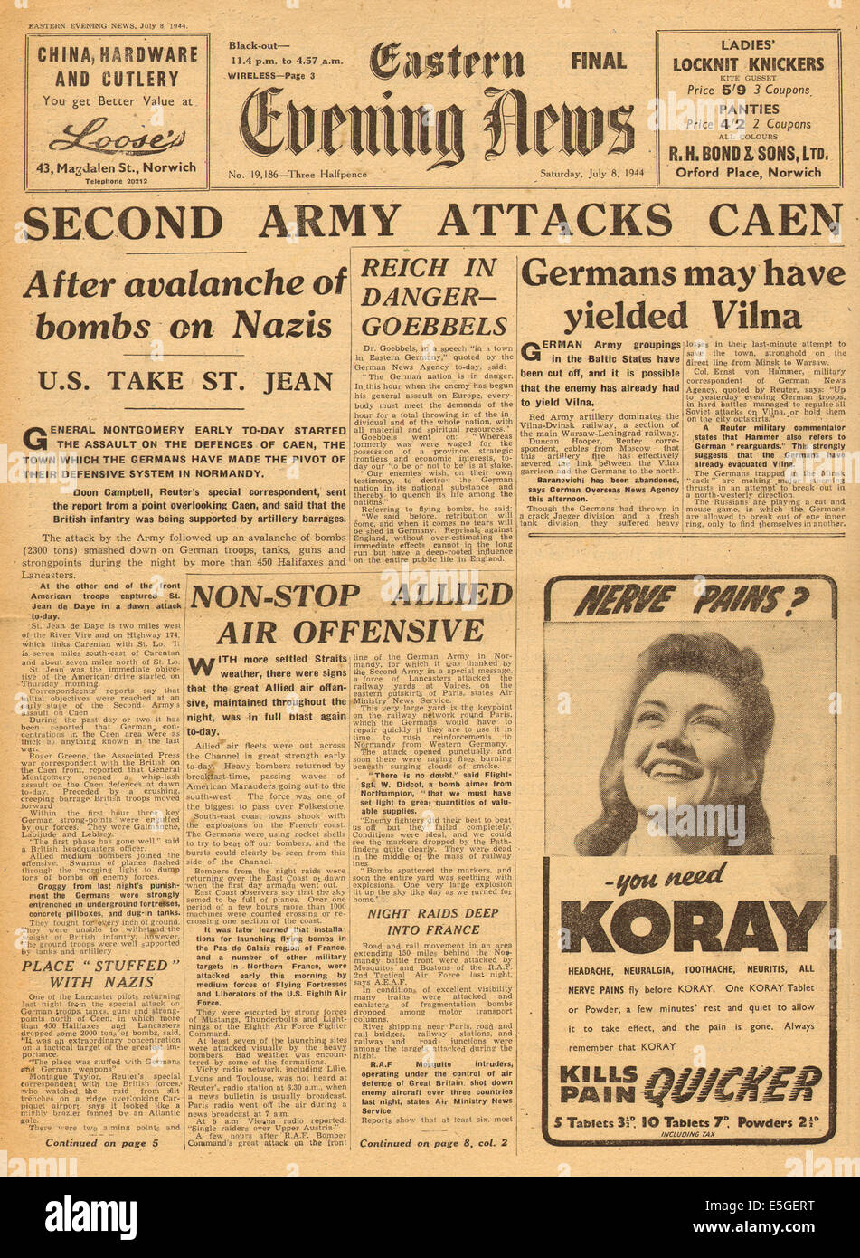 1944 Eastern Evening News front page reporting Normandy Campaign Stock Photo