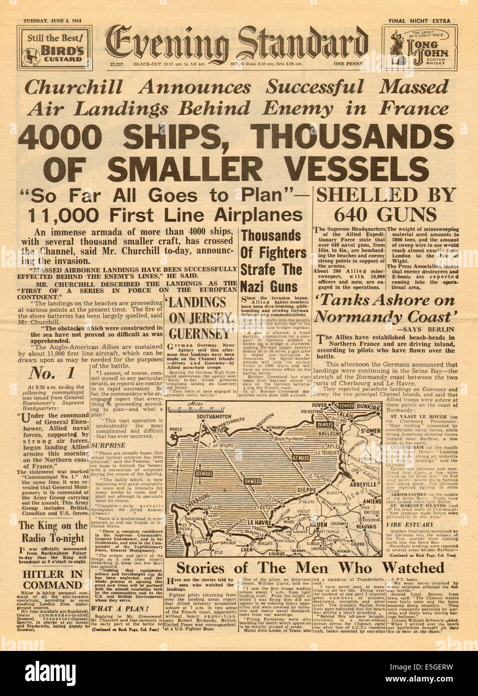 1944 Evening Standard front page reporting the D-Day landings in Normandy, France Stock Photo