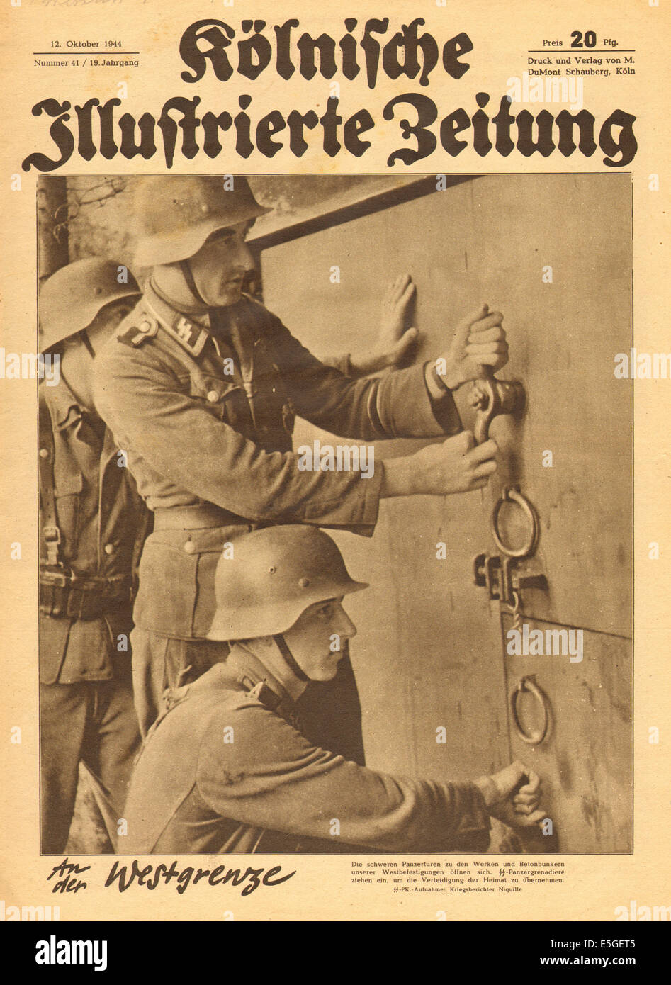 1944 Kolnischer Illustrierte Zeitung front page showing Waffen SS soldiers Stock Photo