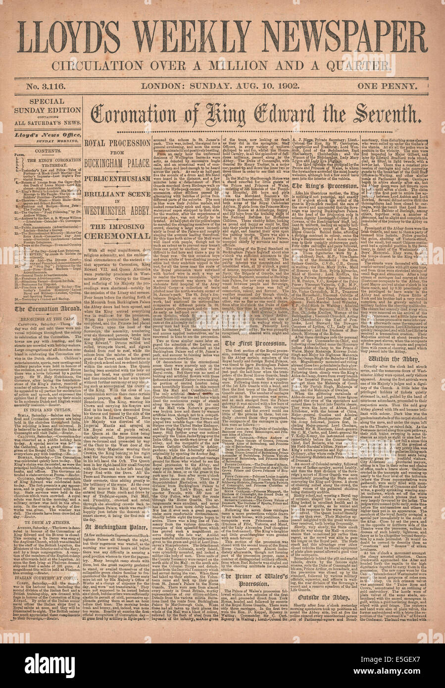 1902 Lloyds Weekly Newspaper front page reporting Coronation of King Edward VII Stock Photo
