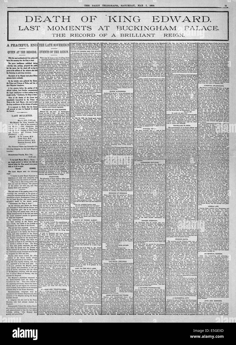 1910 Daily Telegraph front page reporting the death of King Edward VII
