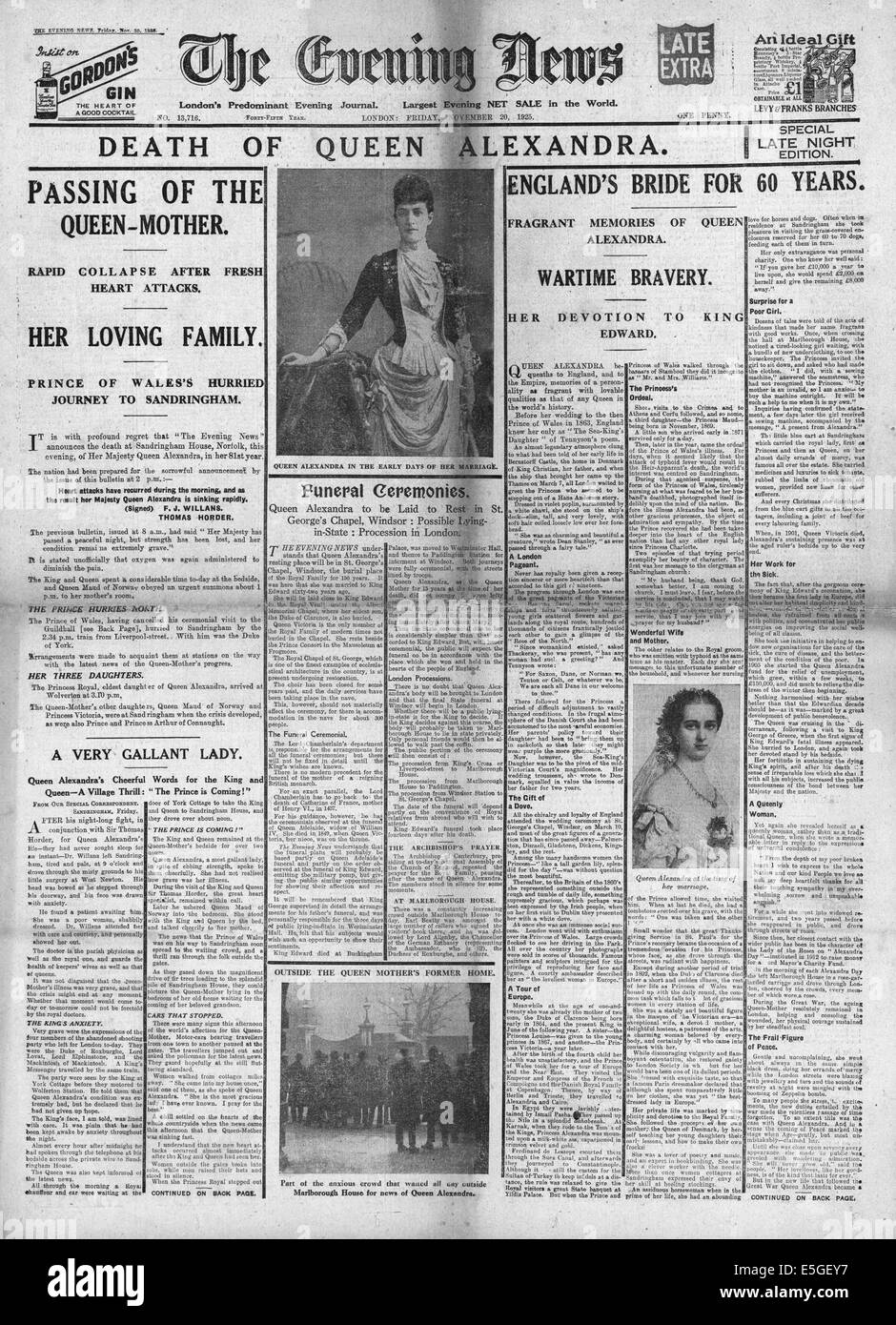 1925 Evening News front page reporting the death of Queen Alexandra
