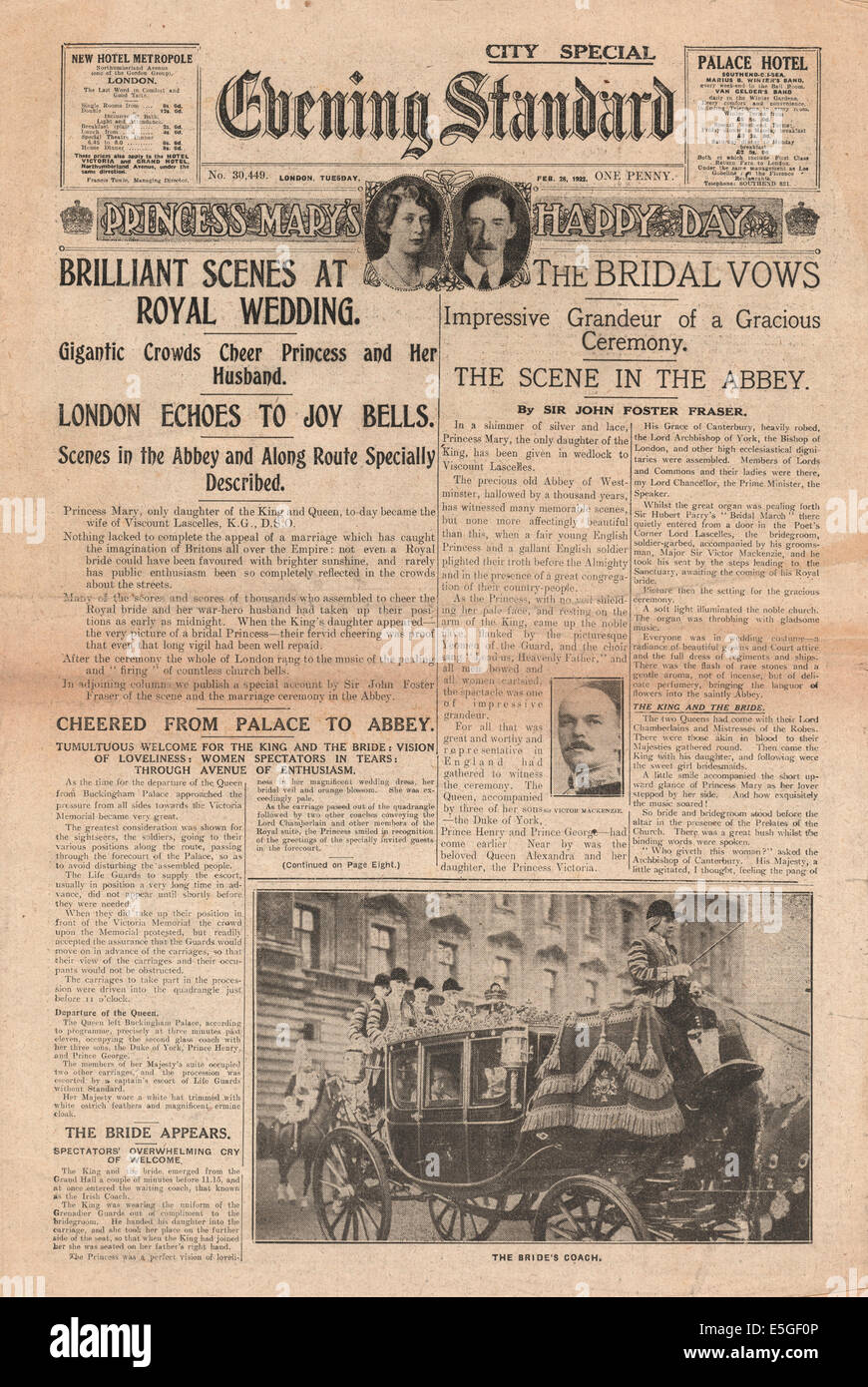 1922 Evening Standard front page reporting wedding of Princess Mary & Viscount Lascelles Stock Photo