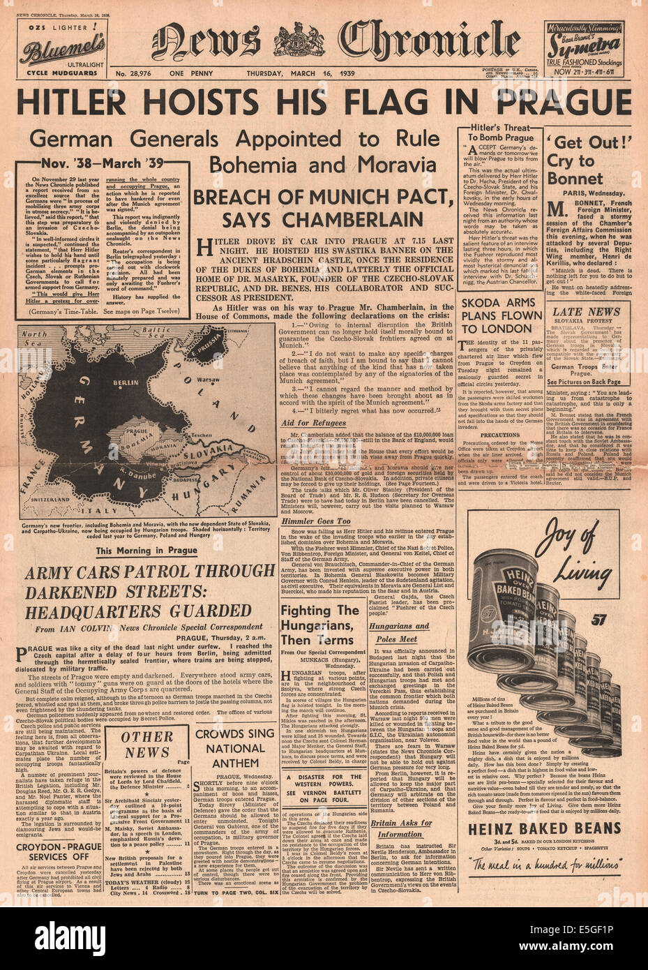 1939 News Chronicle front page reporting German troops enter Prague