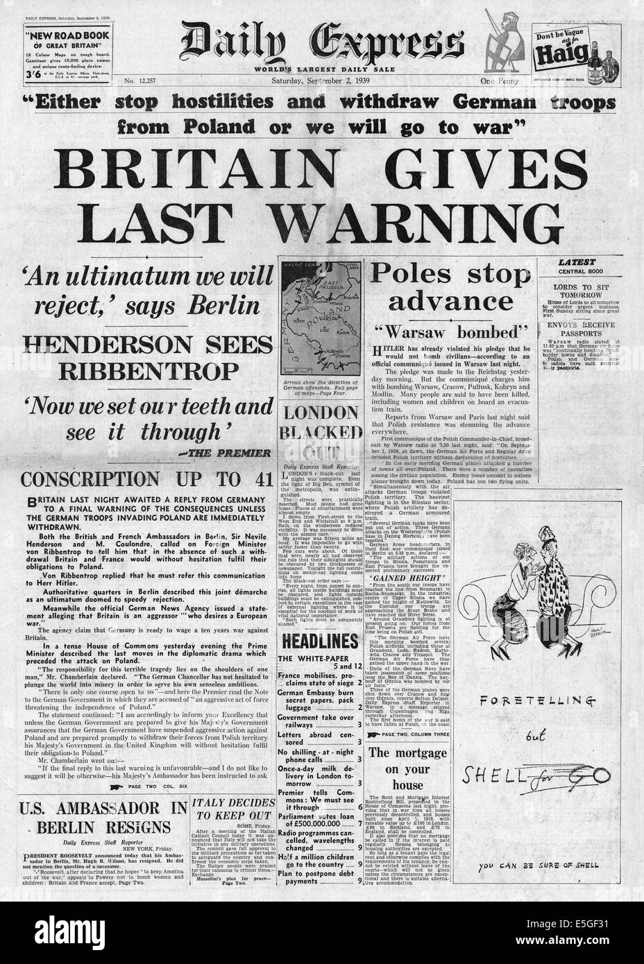 1939 Daily Express front page reporting British ultimatum for Germany to withdraw its troops from Poland Stock Photo