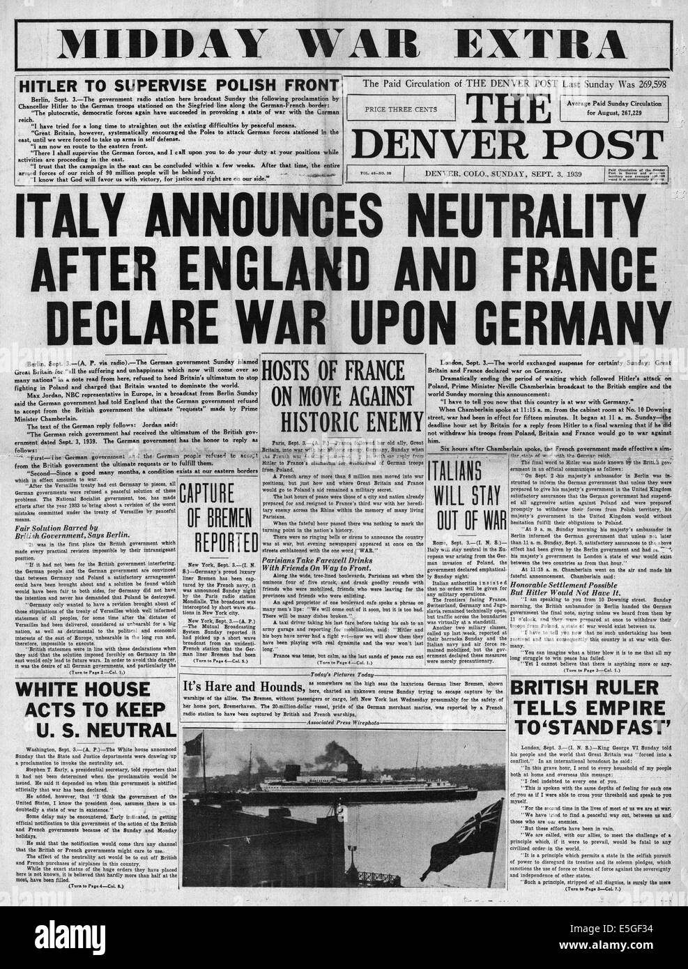 1939 The Denver Post (USA) front page reporting the declaration of war on Germany by Britain and France Stock Photo