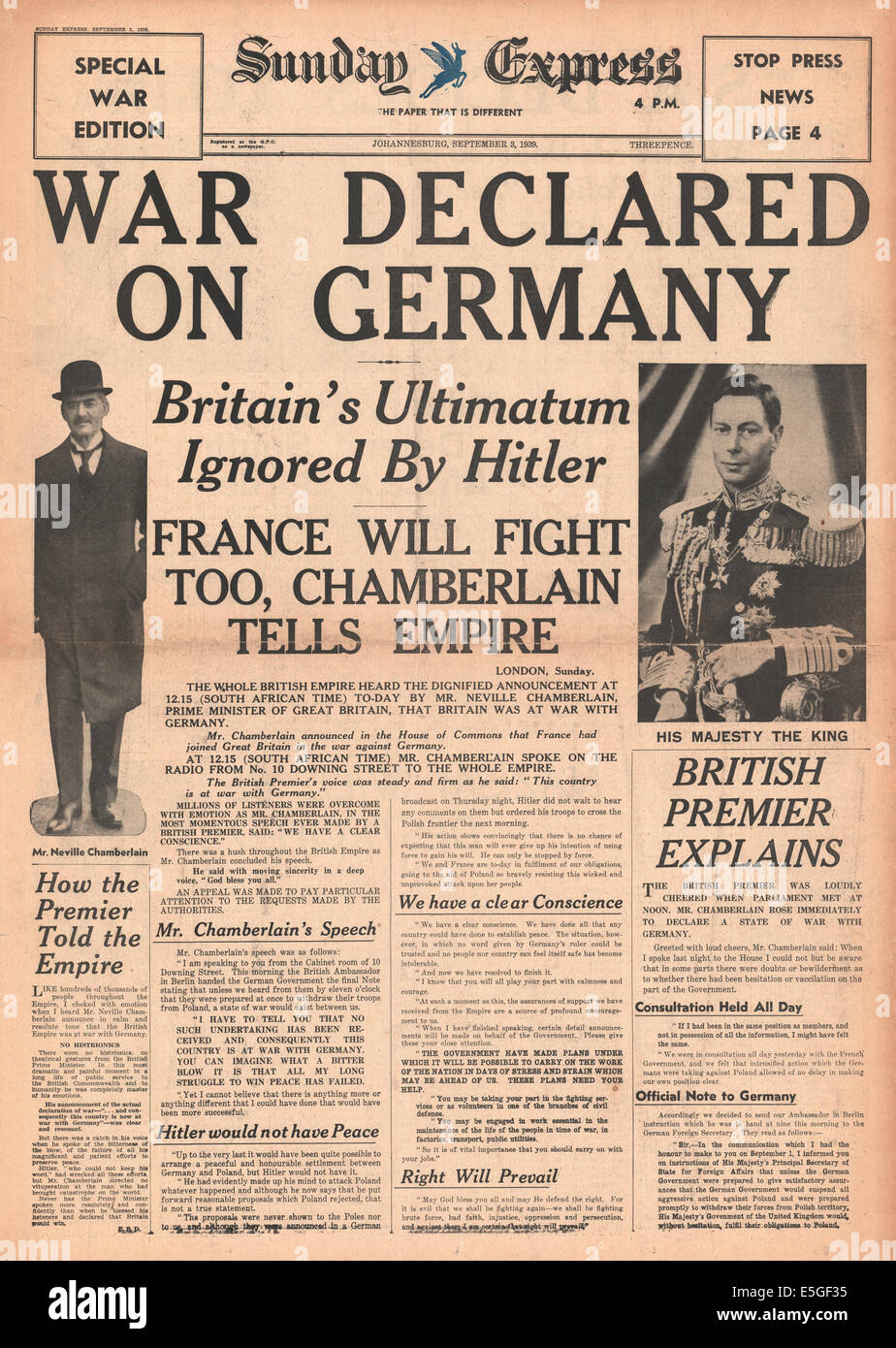 1939 Sunday Express (Johannesburg) front page reporting the declaration of war on Germany by Britain and France Stock Photo