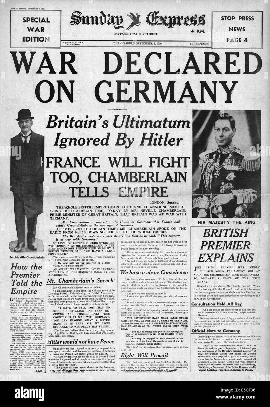 1939 Sunday Express (Johannesburg) front page reporting the declaration of war on Germany by Britain and France Stock Photo