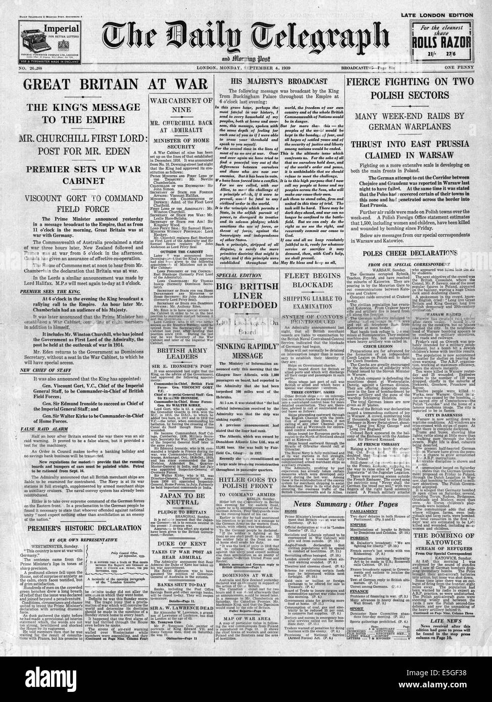 1939 The Daily Telegraph front page reporting the declaration of war on Germany by Britain and France Stock Photo