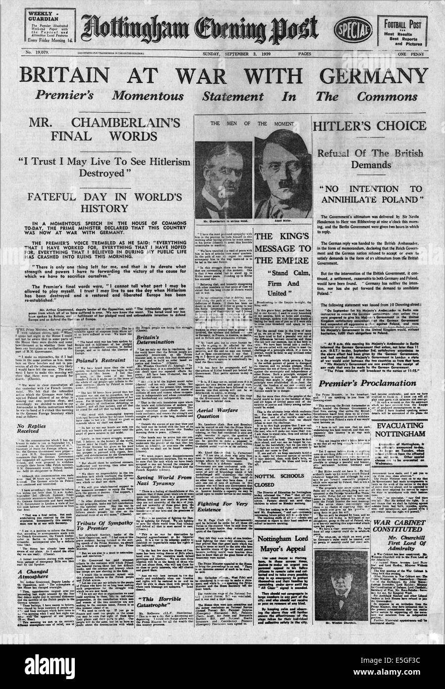 1939 Nottingham Evening Post front page reporting the declaration of war on Germany by Britain and France Stock Photo