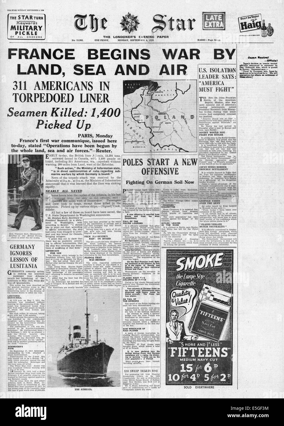 1939 The Star (London) front page reporting French forces invade Germany and sinking of passenger liner Athenia Stock Photo