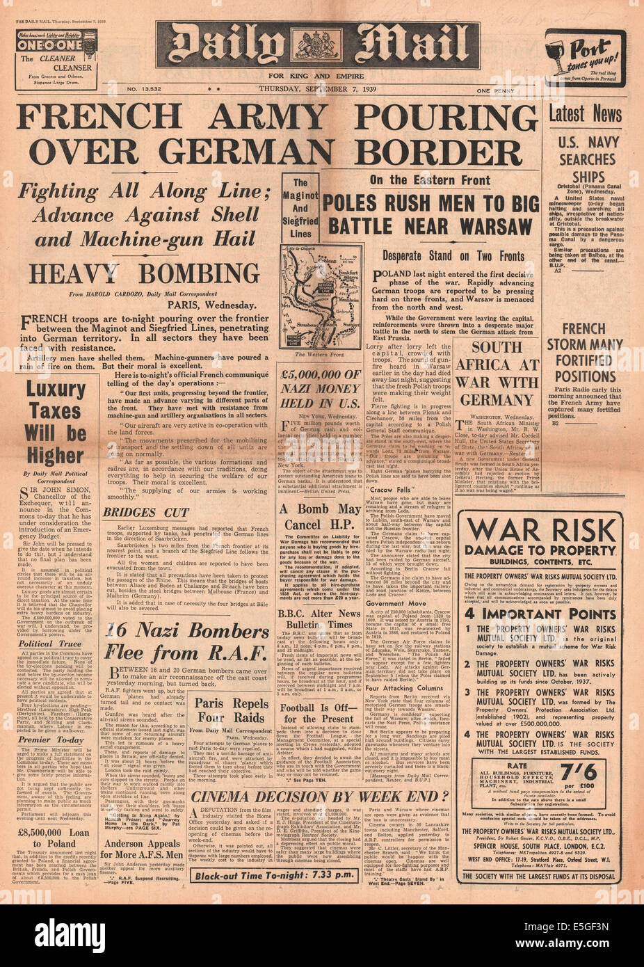 1939 Daily Mail front page reporting French armed forces attack Germany Stock Photo