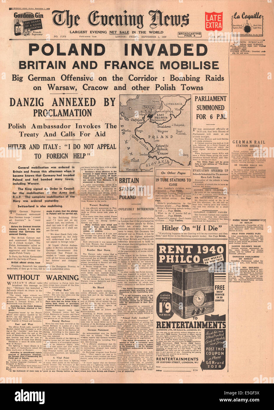 1939 The Star (London) front page reporting the invasion of Poland by Nazi Germany Stock Photo