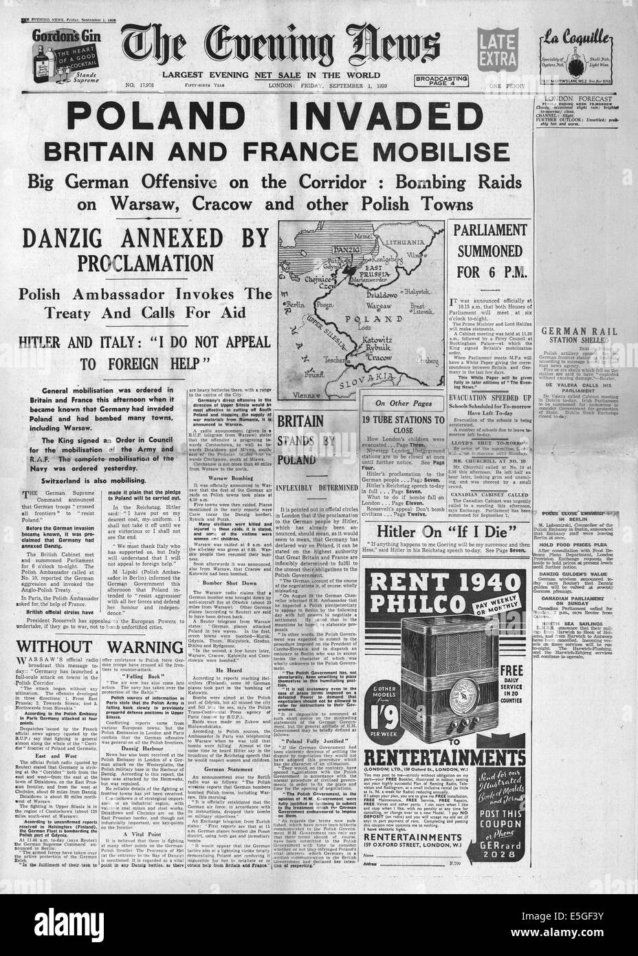 1939 The Star (London) front page reporting the invasion of Poland by Nazi Germany Stock Photo