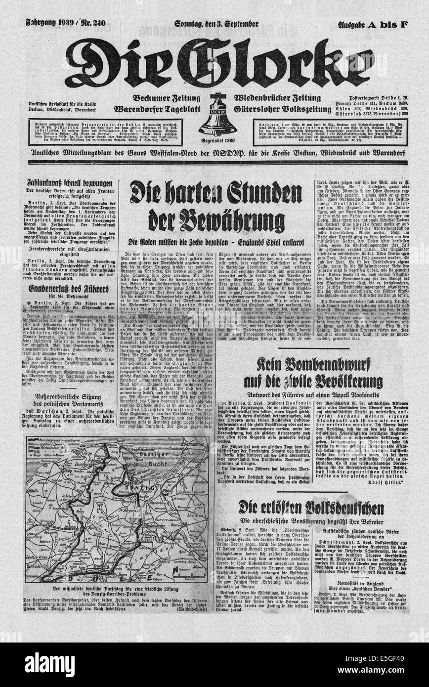1939 Die Glocke (Germany) front page reporting the invasion of Poland by Nazi Germany with a headline 'The hard or difficult hours of (our) preservation' Stock Photo