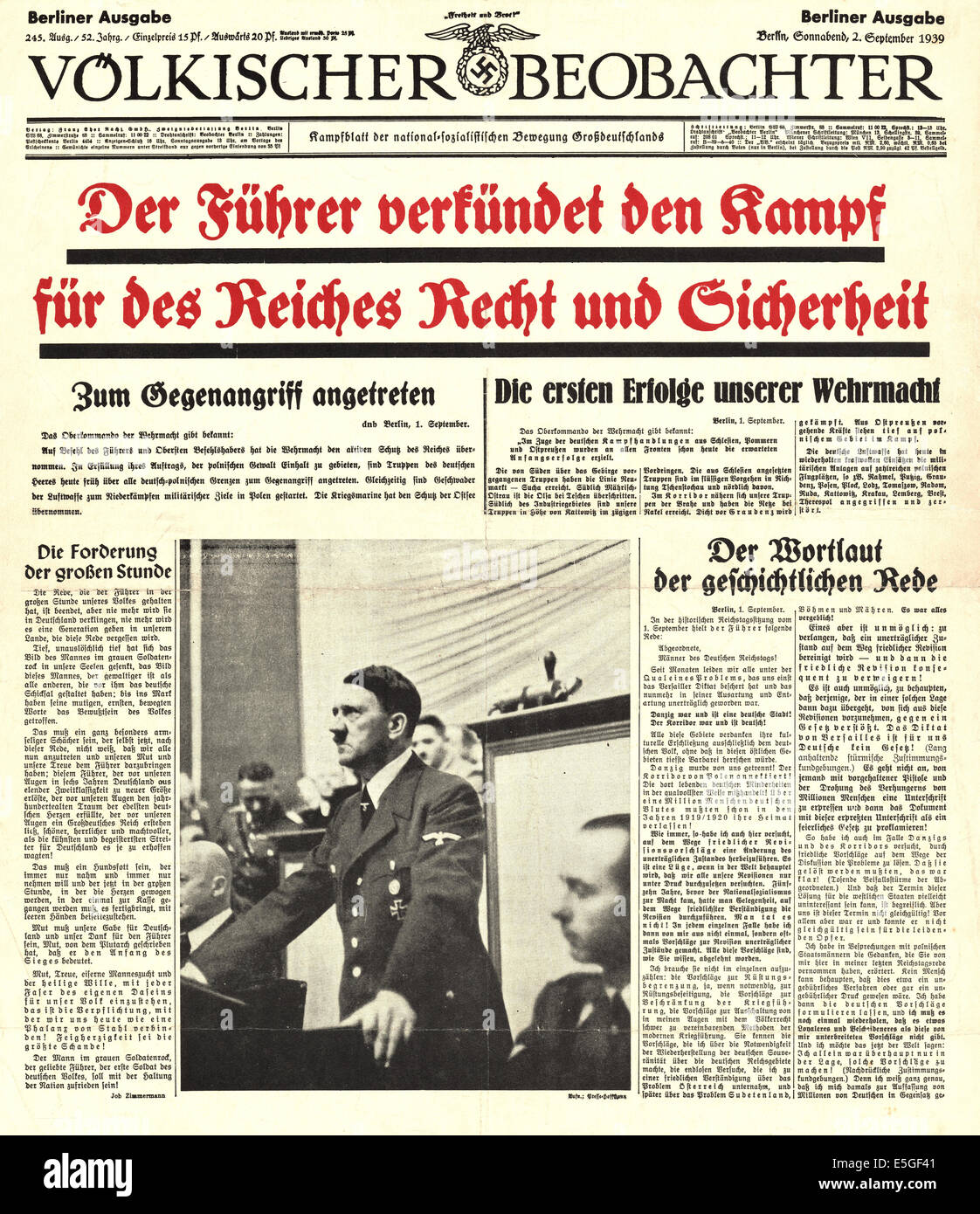 1939 Volkischer Beobachter (Germany) front page reporting Hitler's Reichstag speech for the Reich's law and security Stock Photo