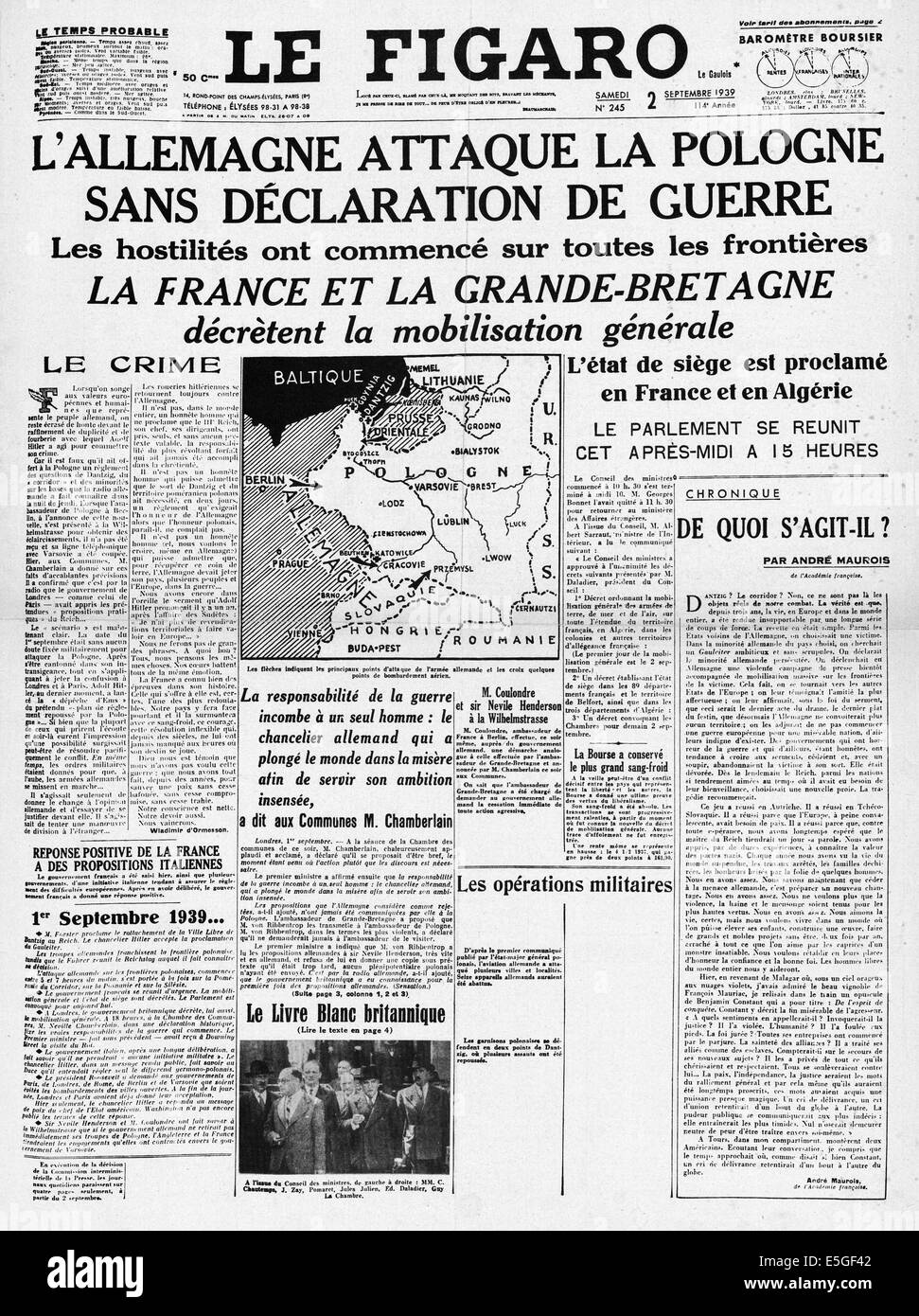 1939 Le Figaro (France)  front page reporting the invasion of Poland by Nazi Germany Stock Photo