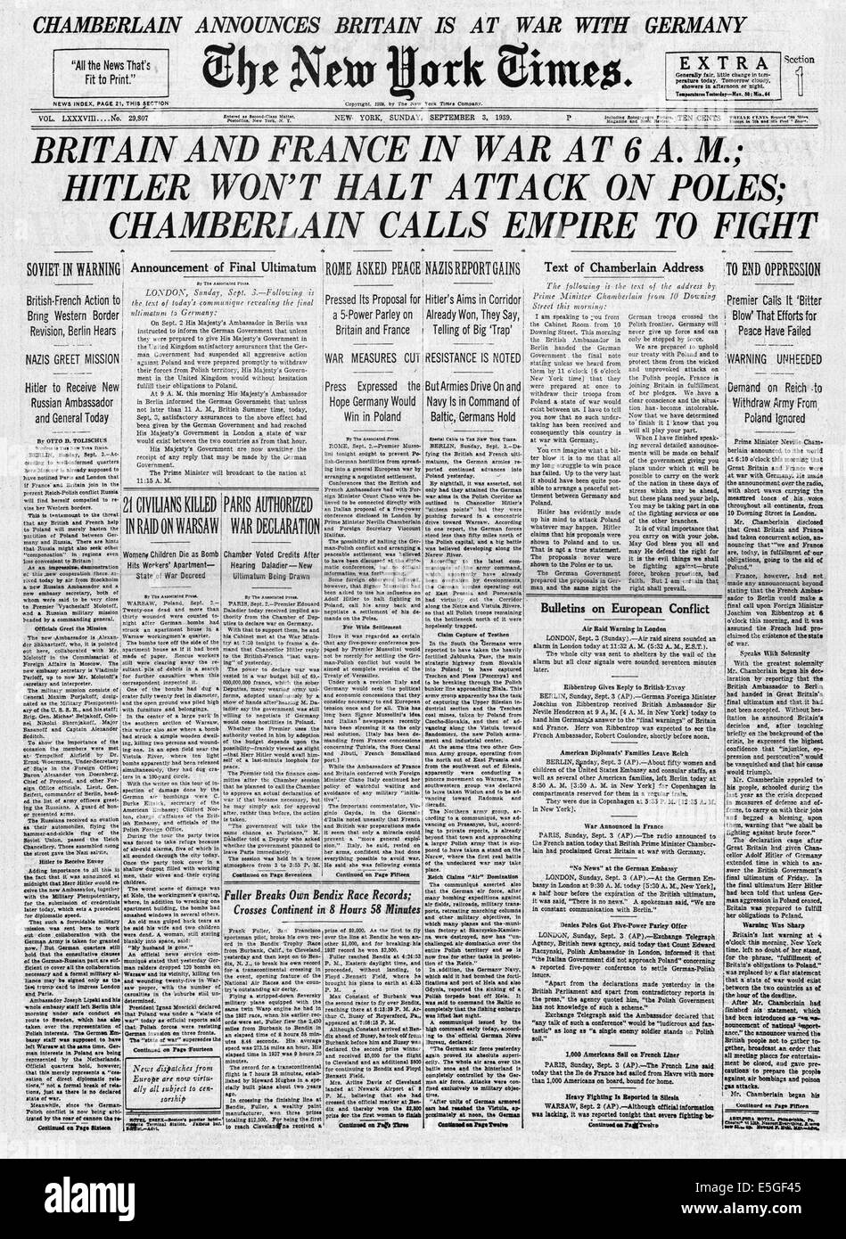 1939 New York Times (USA) front page reporting the declaration of war on Germany by Britain and France Stock Photo