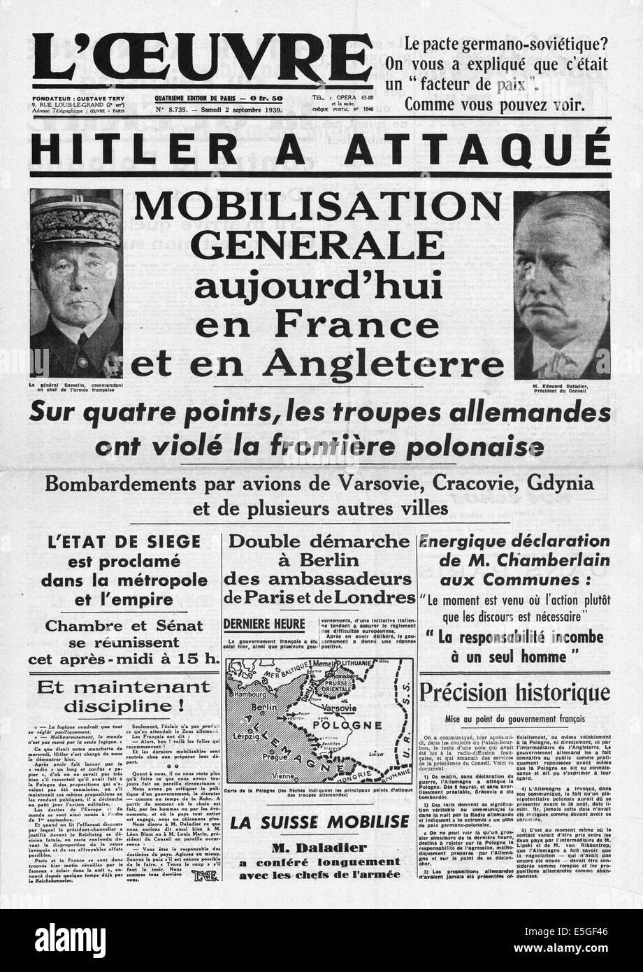 1939 L'oeuvre (France)  front page reporting the invasion of Poland by Nazi Germany Stock Photo