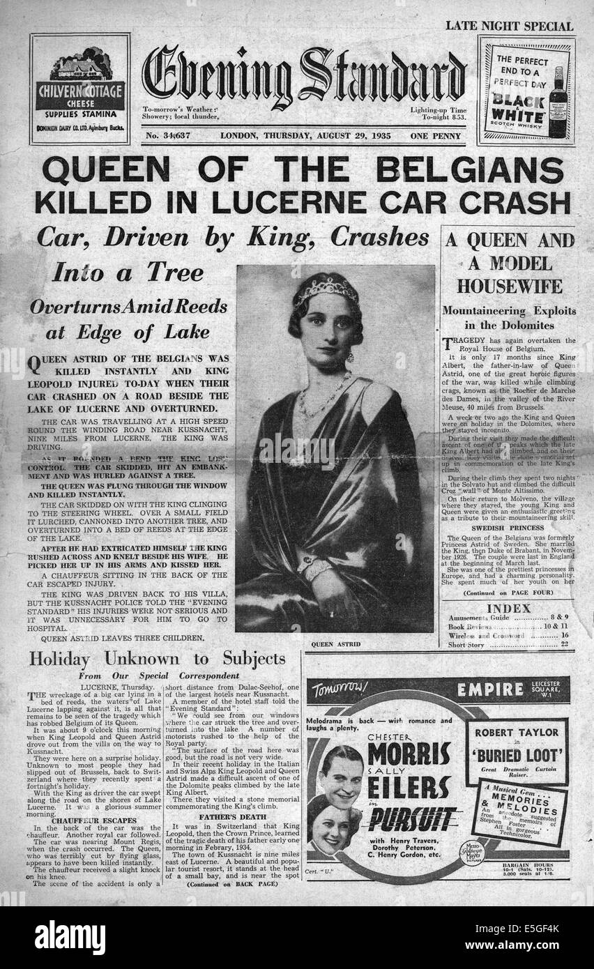 1935 Evening Standard London Front Page Reporting Death Of Queen Astrid Of The Belgians Stock 