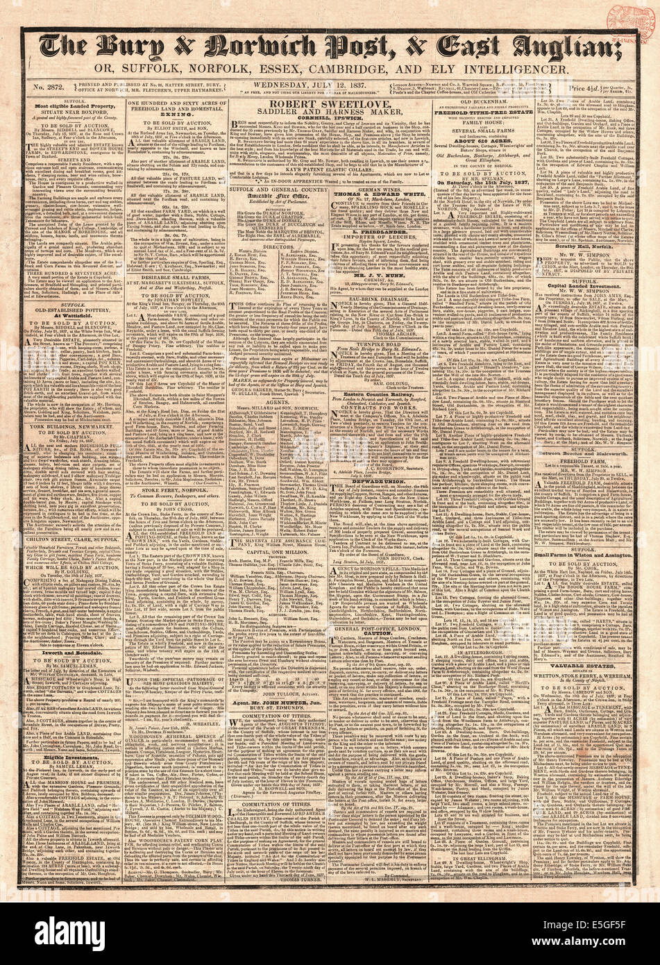 1837 The Bury & Norwich Post front page reporting the funeral of King William IV Stock Photo