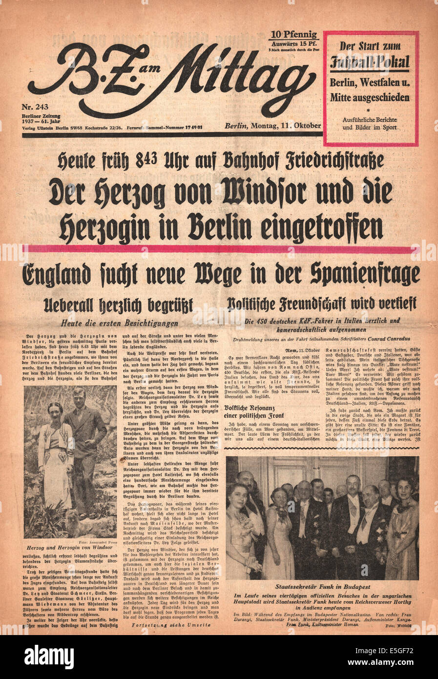 1937 Berliner Zeitung front page reporting Duke and Duchess of Windsor  visit to Germany Stock Photo - Alamy