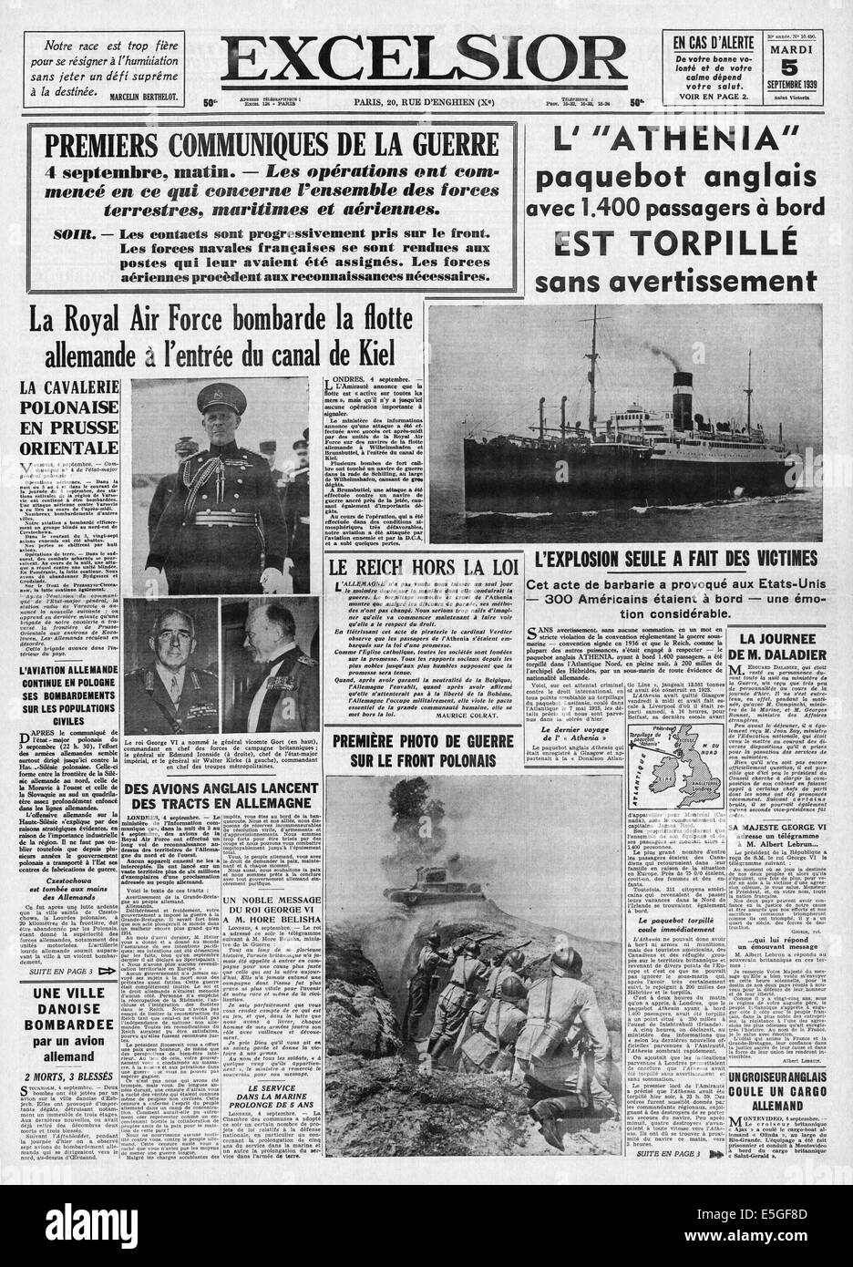 1939 Excelsior (France) front page reporting sinking of the Athenia Stock Photo