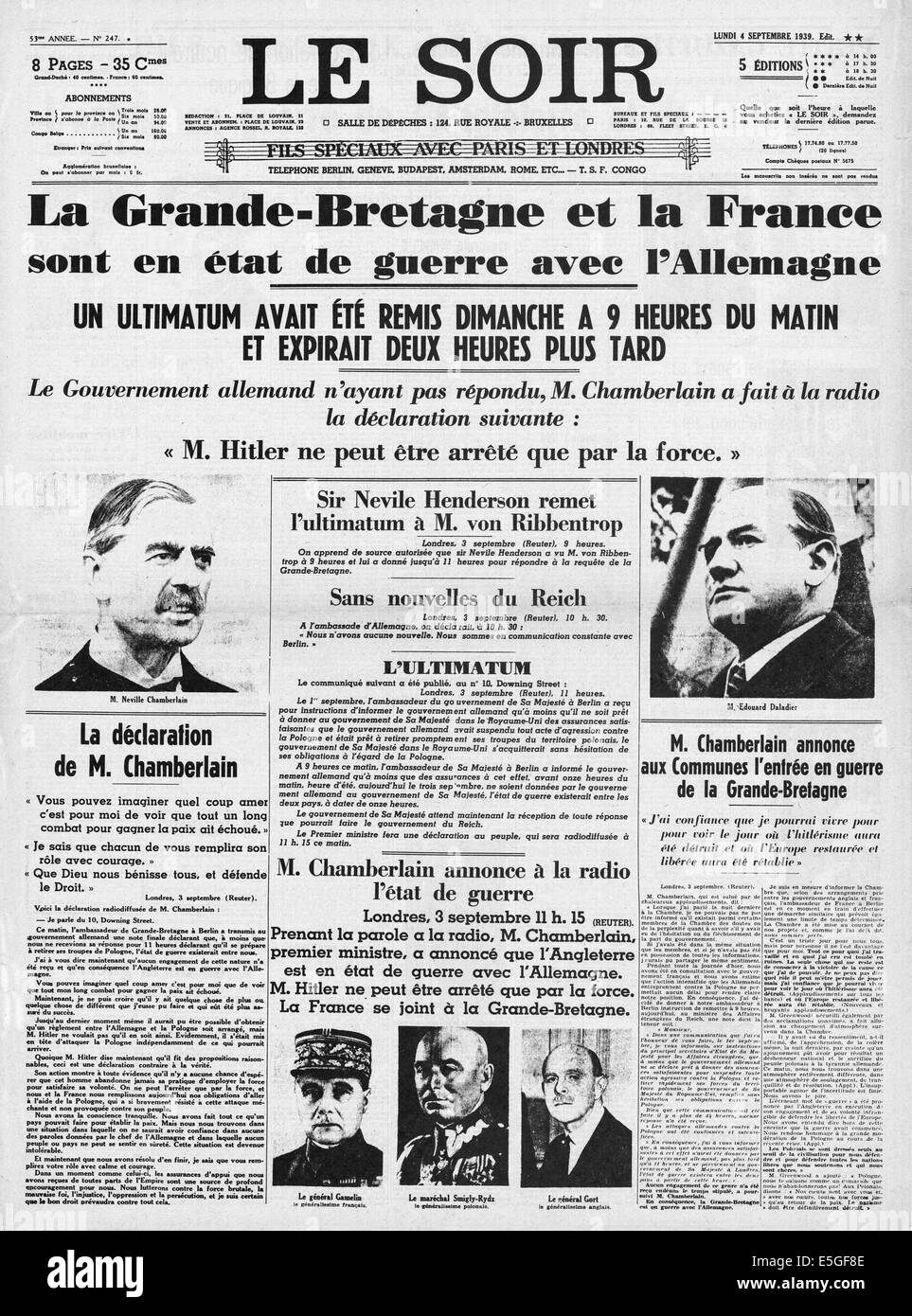 1939 Le Soir (France) front page reporting declaration of war by Britain and France on Germany. Stock Photo