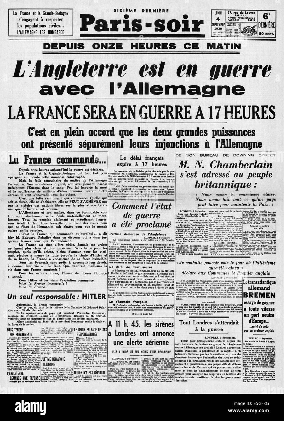 1939 Paris-Soir (France) front page reporting Britain and France declare war on Germany Stock Photo