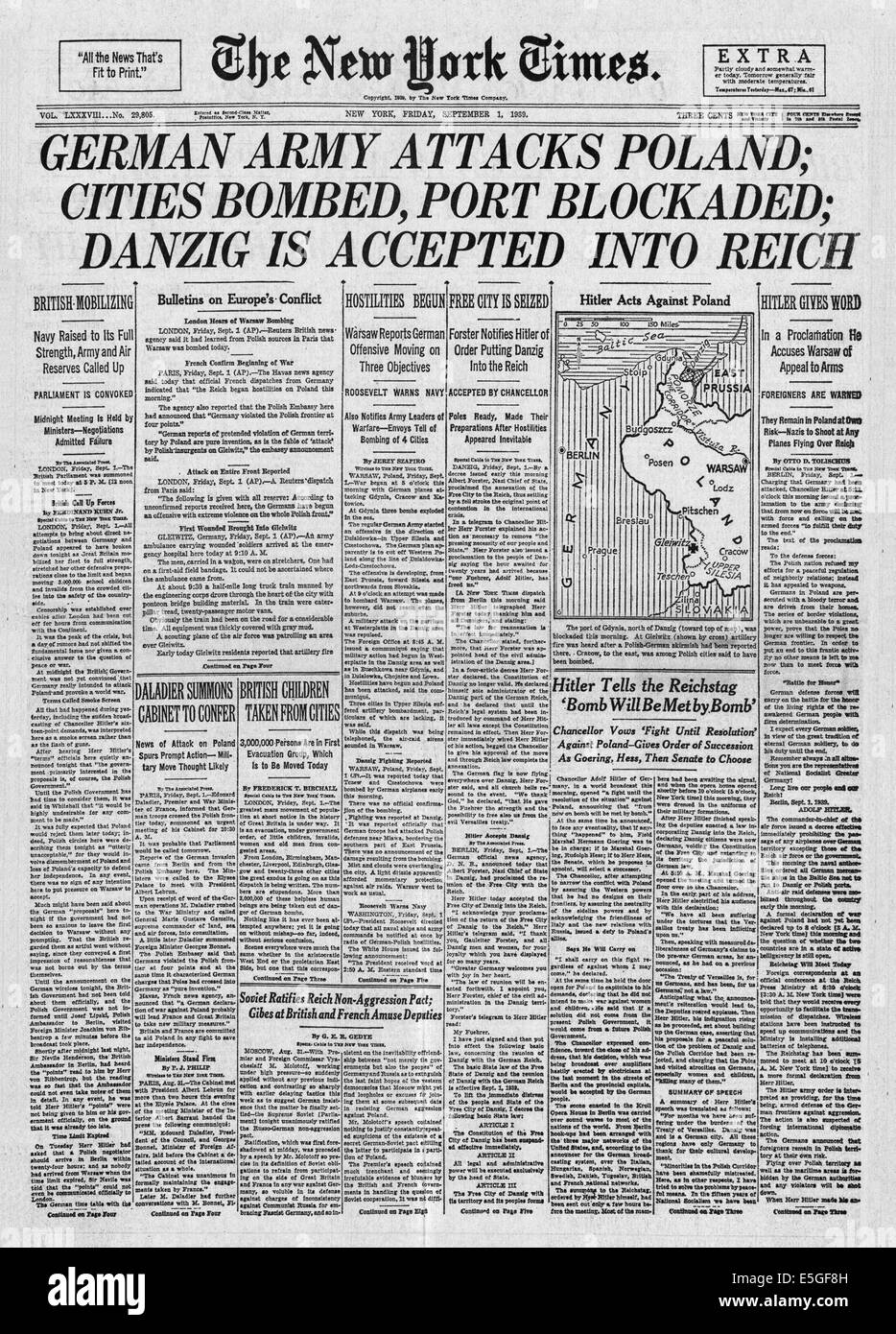 1939 New York Times (USA) front page reporting the invasion of Poland by Nazi Germany Stock Photo