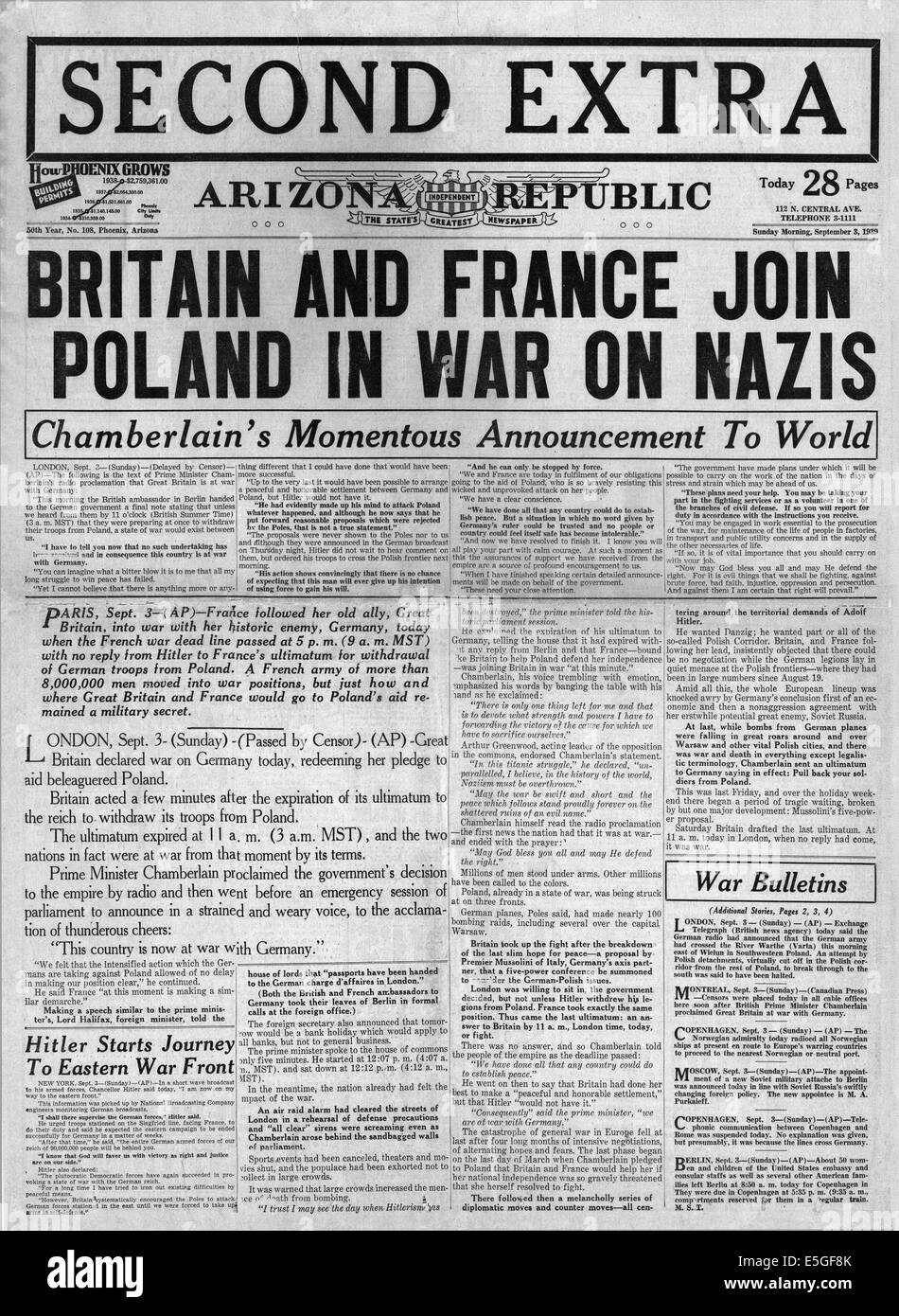 1939 Arizona Republic (USA) front page reporting the declaration of war on Germany by Britain and France Stock Photo