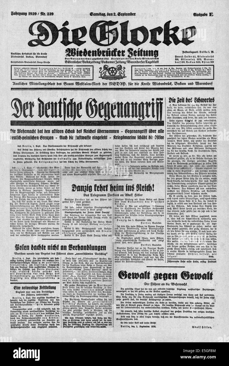 1939 Die Glocke (Germany) front page reporting the invasion of Poland by Nazi Germany Stock Photo