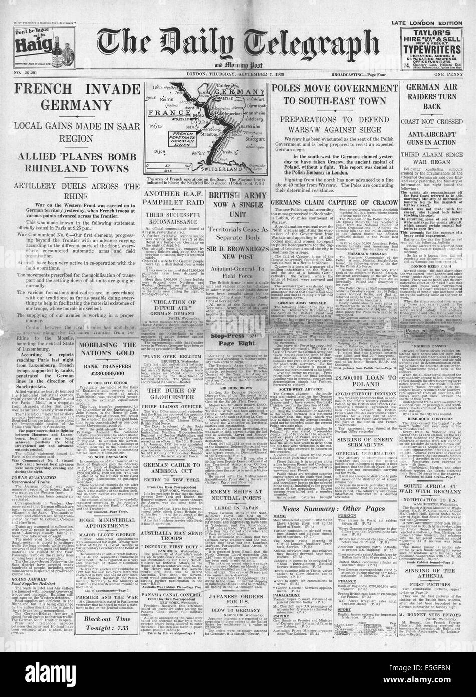 1939 Daily Telegraph front page reporting French armed forces attack Germany Stock Photo