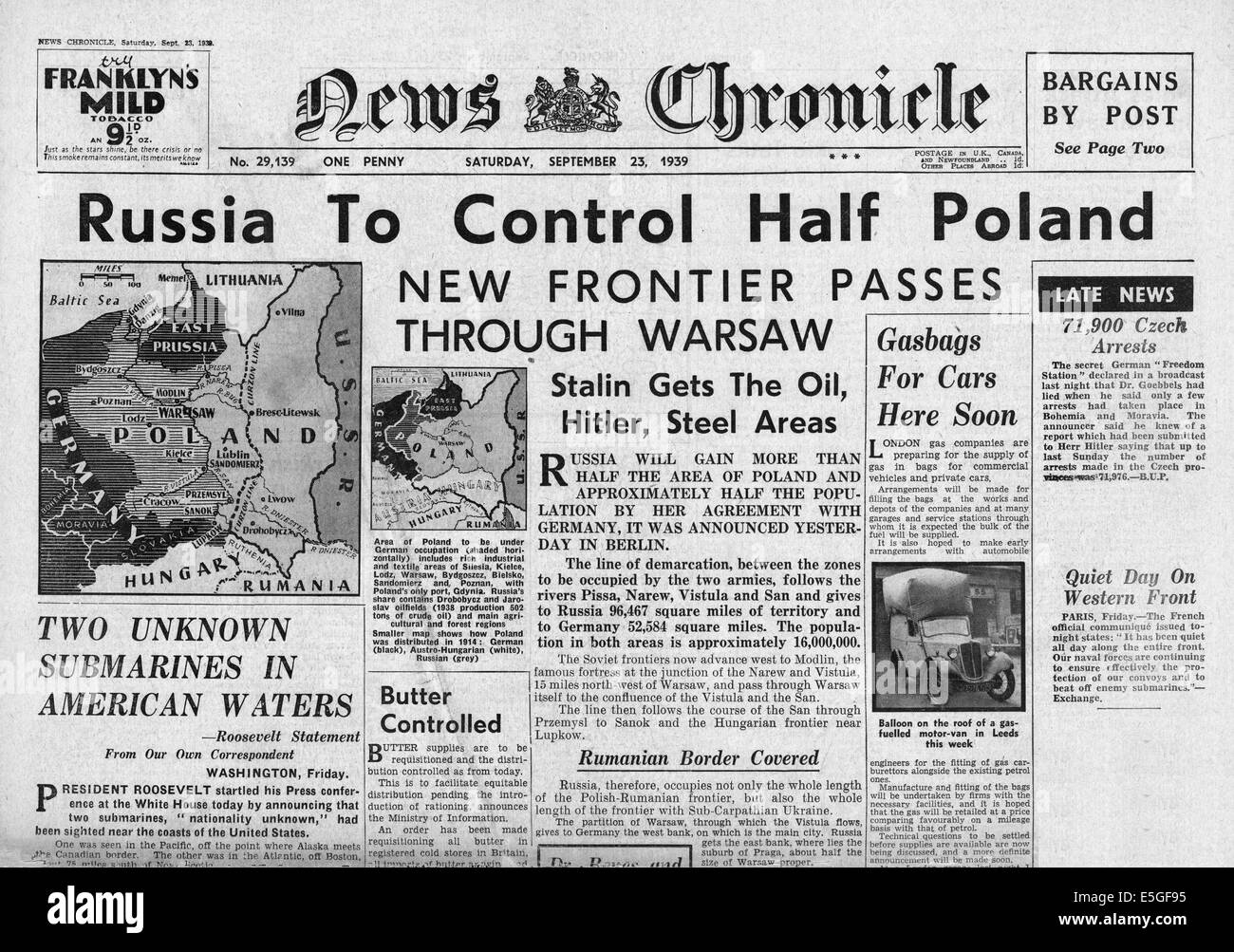 1939 News Chronicle (Second Edition) front page reporting Russia takes control of half of Poland Stock Photo