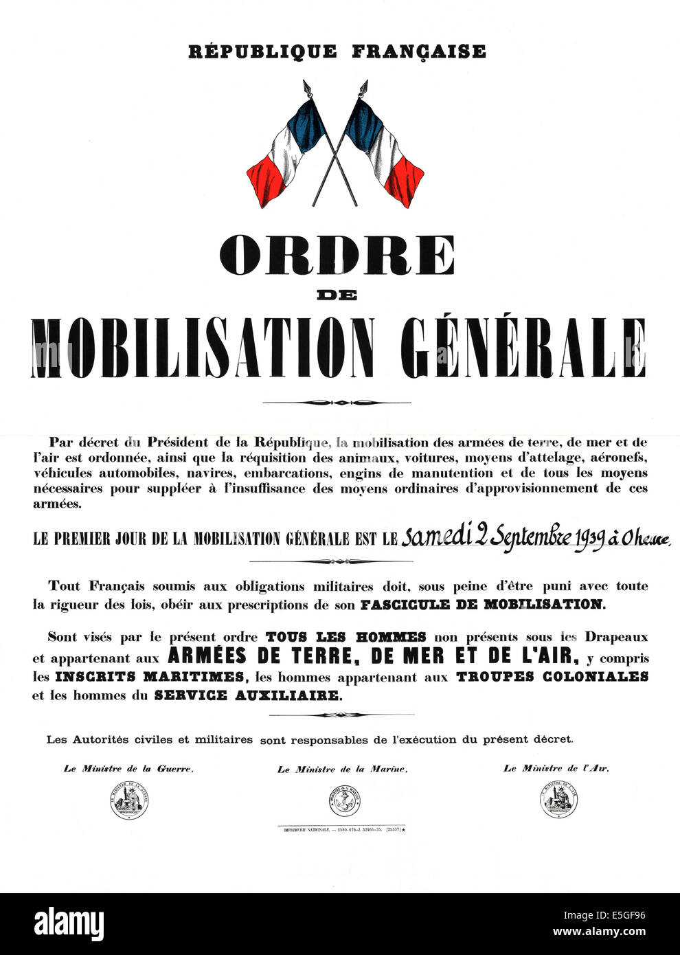1939 French Government mobilisation order poster Stock Photo