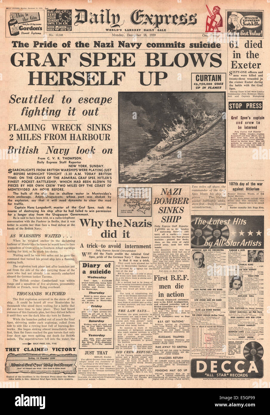 1939 Daily Express front page reporting German pocket battleship Admiral Graf Spee scuttled Stock Photo