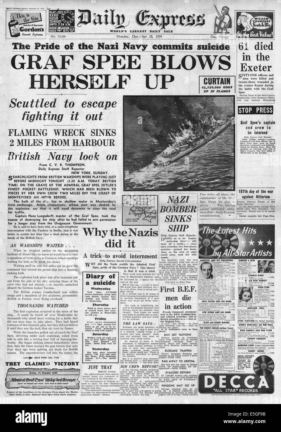 1939 Daily Express front page reporting German pocket battleship Admiral Graf Spee scuttled Stock Photo