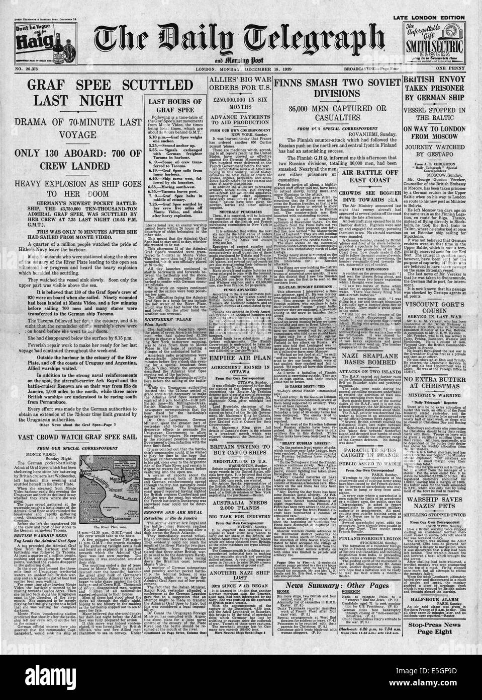 1939 Daily Telegraph front page reporting German pocket battleship Admiral Graf Spee scuttled Stock Photo
