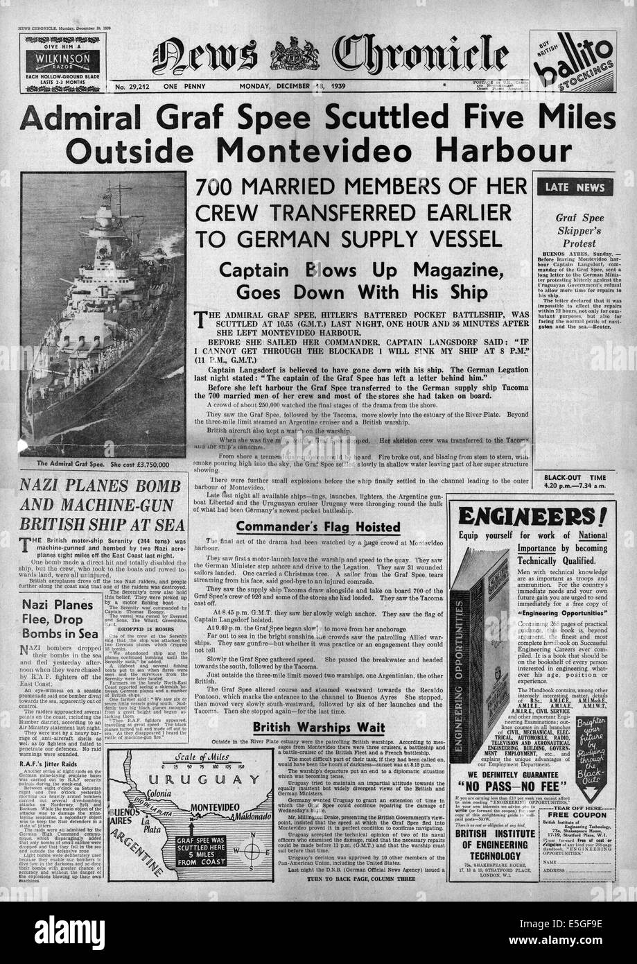 1939 News Chronicle front page reporting German pocket battleship Admiral Graf Spee scuttled Stock Photo